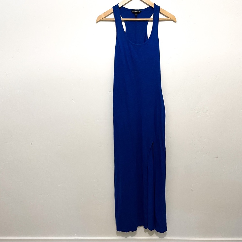 Express blue fitted maxi dress w/slit sz S